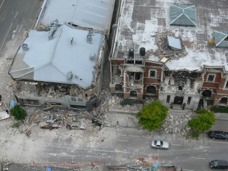 Central City - Aerial (2 Hrs Post Quake) - Manchester St - Worcester St - Iconic, The Civic. Feb 22, 2011.