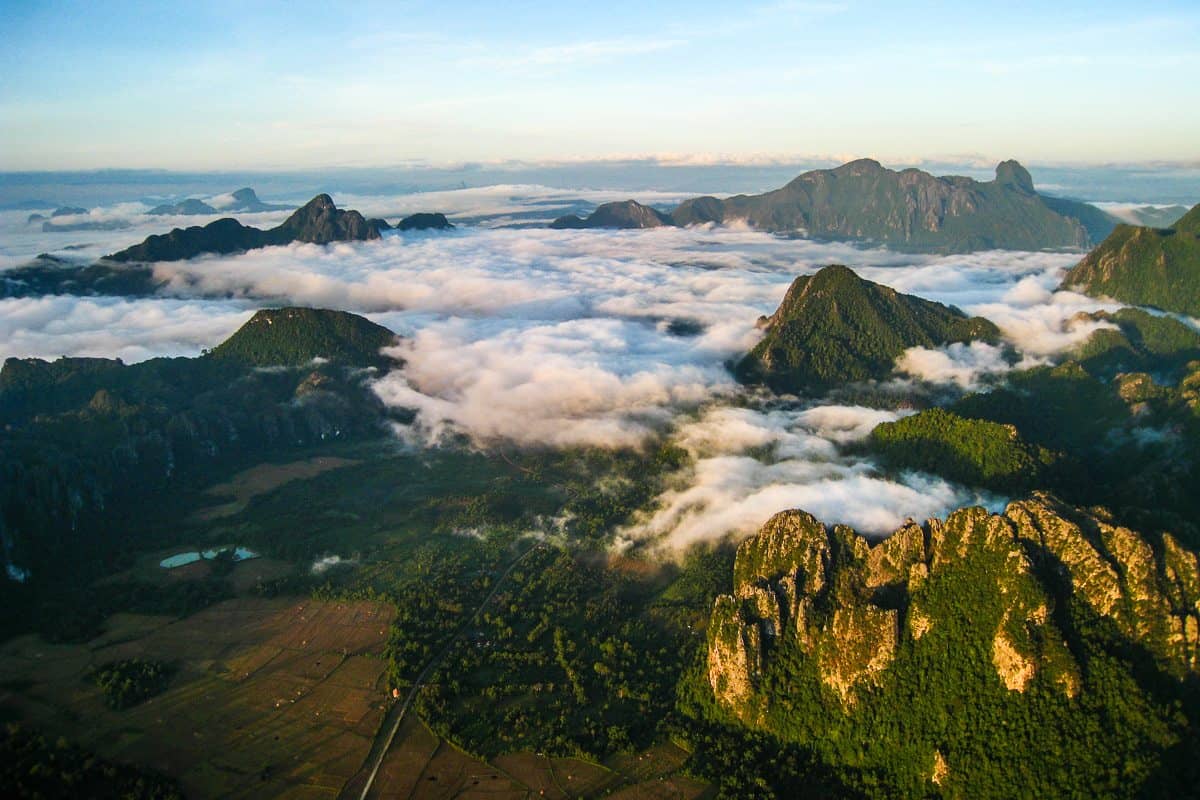 Hot air ballooning over Vang Vieng, Laos