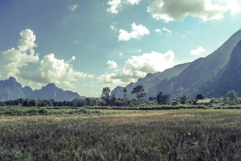 Moutains and fields beyond Vang Vieng