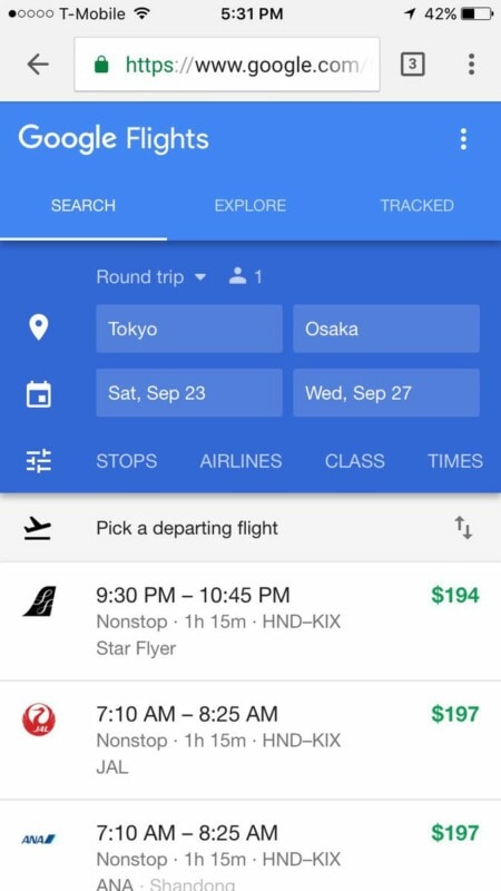 Google Flights doesn't have a mobile app but it has a great mobile interface