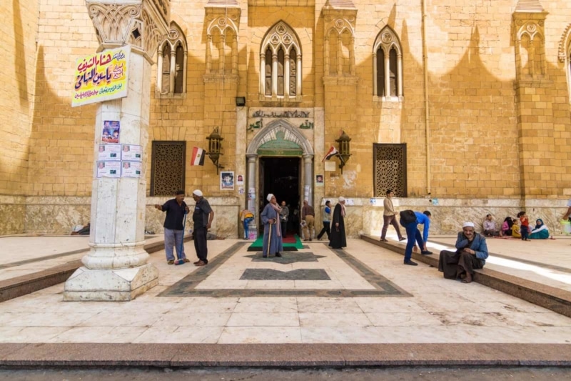 Outside the El-Hussein Mosque in Cairo, Egypt.