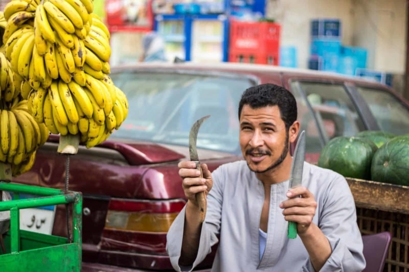 Cheeky banana man in Giza, Egypt. He was all smiles!