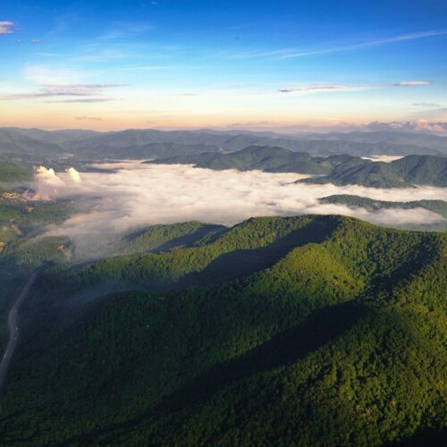 Aerial shot of the Great Smoky Mountains at sunrise