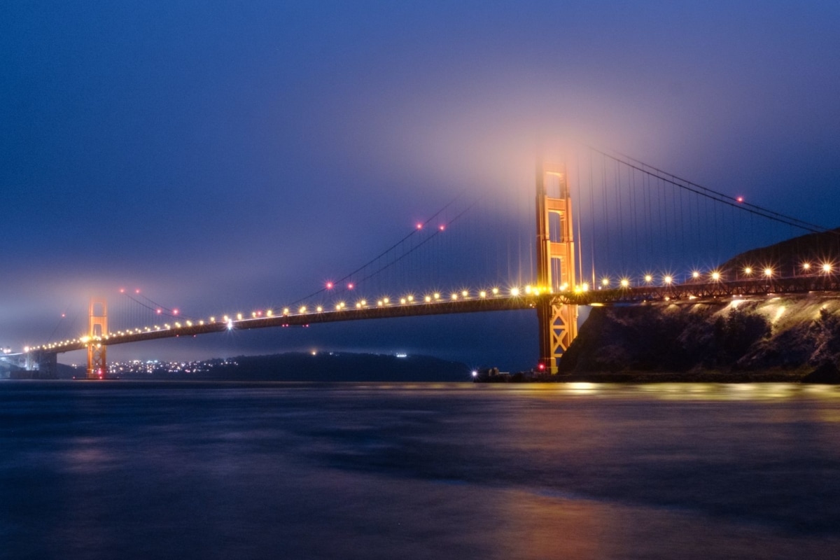The Golden Gate Bridge by night—the start to many Pacific Coast Highway road trips.
