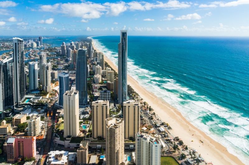 Aerial of city and beach. Modern aerial cityscape of resort town and beach. View from above Australia, Gold Coast, Surfers Paradise