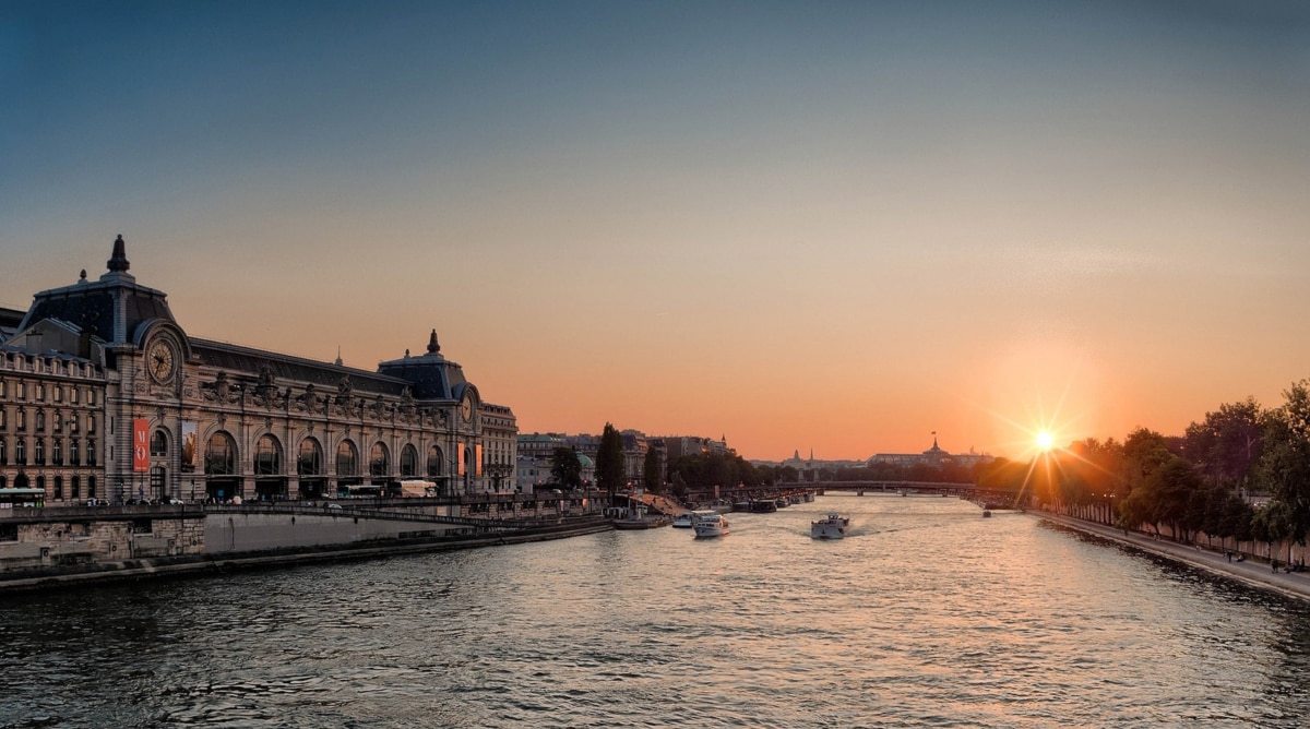 Sunset over the Seine River in Paris.