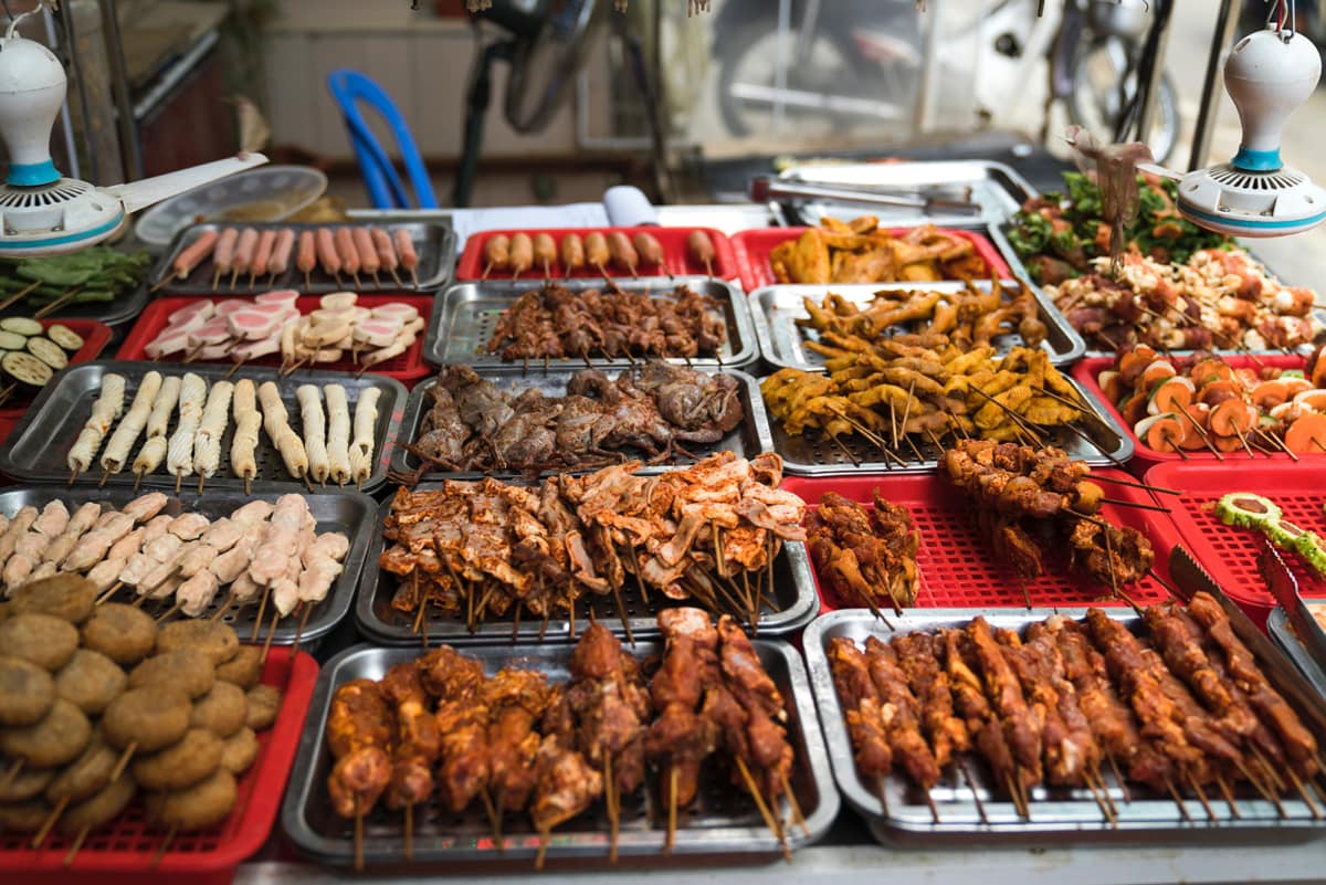 Chinese street food with skewers