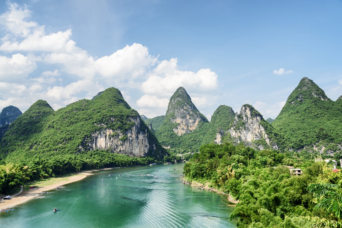 the mountains and a river in Guilin