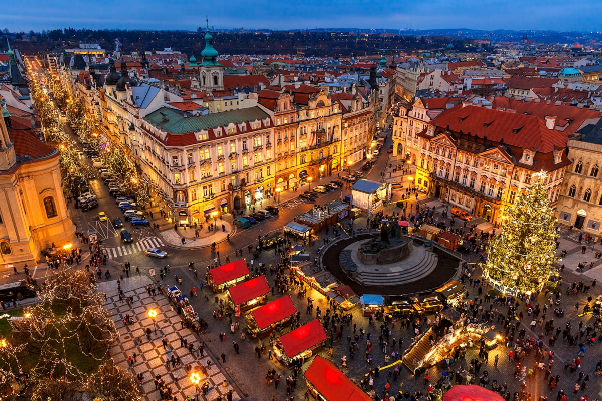 aerial view of the Christmas markets in Prague's city center, Czech Republic