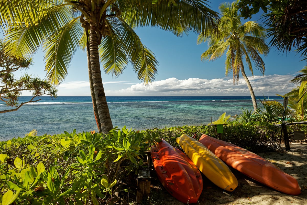a beach with palm trees on the south pacific island of Tonga