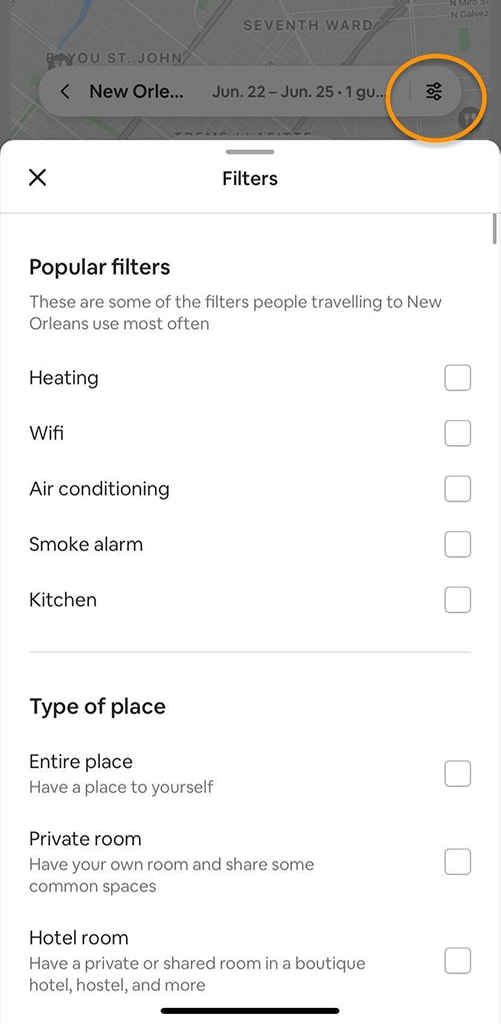 Airbnb app filters