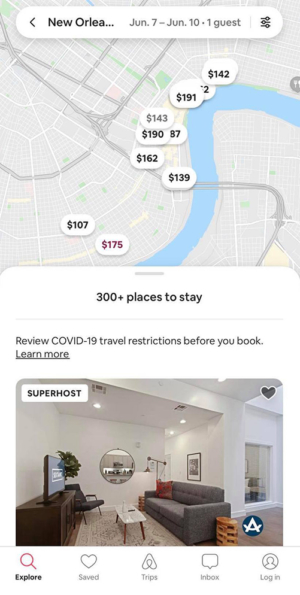 Airbnb application search results
