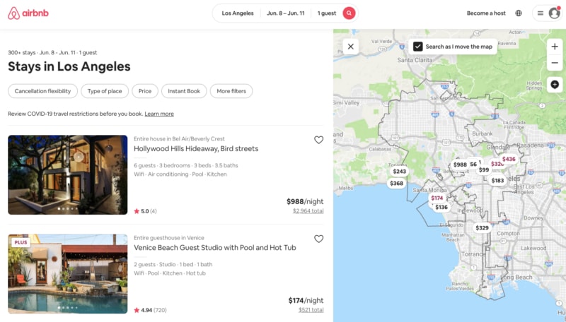 Airbnb Map View search results