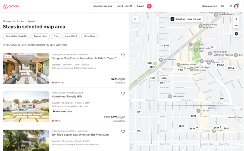 Airbnb map search selected area results